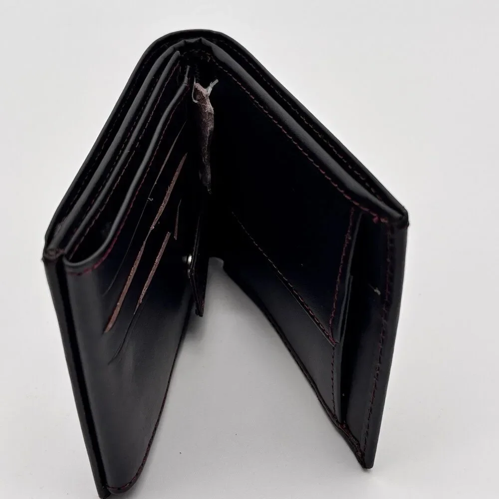Spark Leather Mens Bifold Wallet Black Red Stitch Zip Coin Pocket RFID